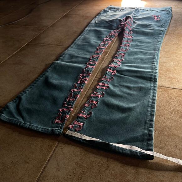 Valabasas Crotch Print Y2K Embroidered Teal Stacked Jeans - Picture 8 of 9